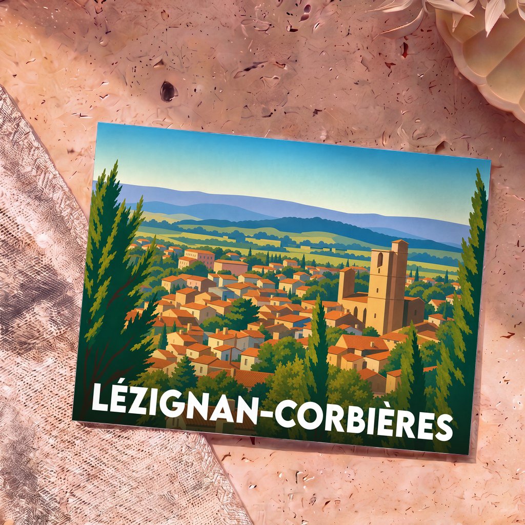 Carte postale souvenir de la ville de Lézignan-Corbières avec une illustration stylisée.