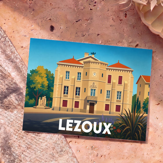 Carte postale souvenir de la ville de Lezoux avec une illustration stylisée de son hôtel de ville.