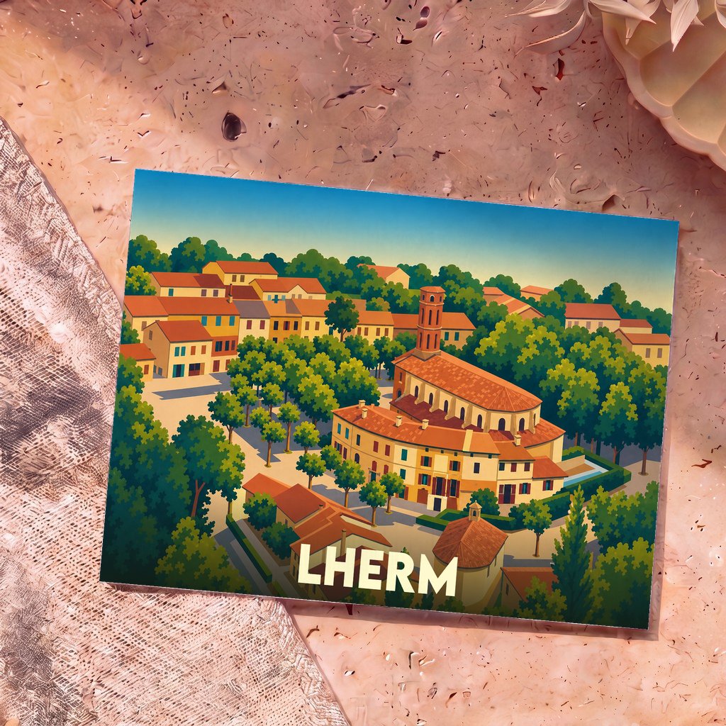 Carte postale souvenir de la ville de Lherm avec une illustration stylisée et colorée de ses bâtiments emblématiques.