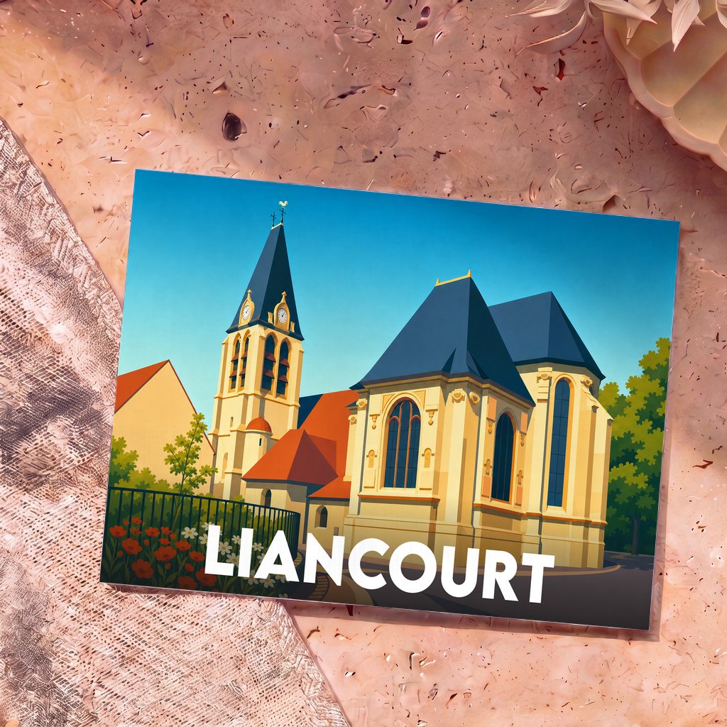 Carte postale souvenir de la ville de Liancourt avec une illustration stylisée de son église sous un ciel bleu.