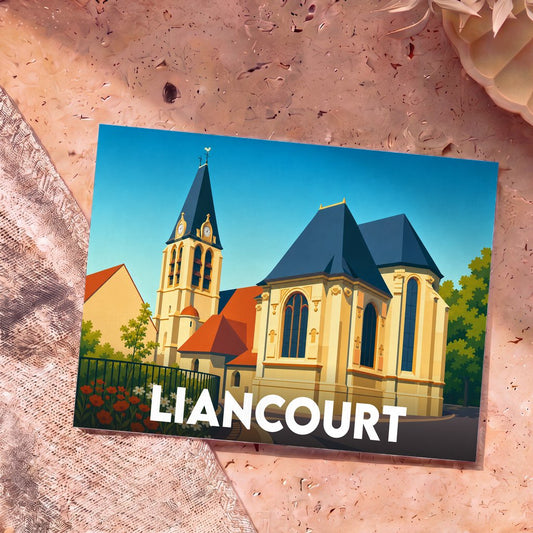 Carte postale souvenir de la ville de Liancourt avec une illustration stylisée de son église sous un ciel bleu.