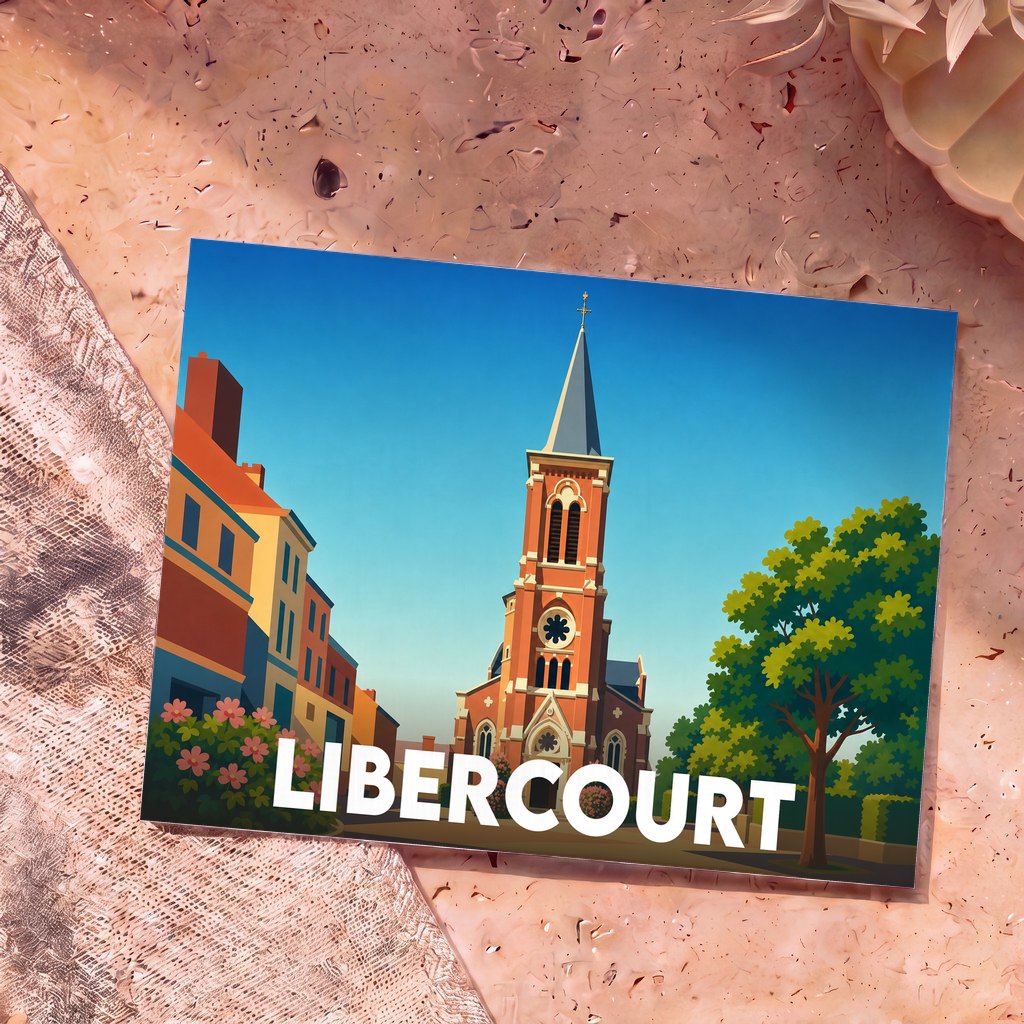 Carte postale souvenir de la ville de Libercourt avec une illustration stylisée de son église.