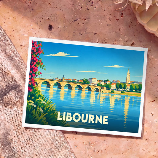 Carte postale souvenir de la ville de Libourne avec une illustration stylisée de son pont et de son église au bord de l'eau.