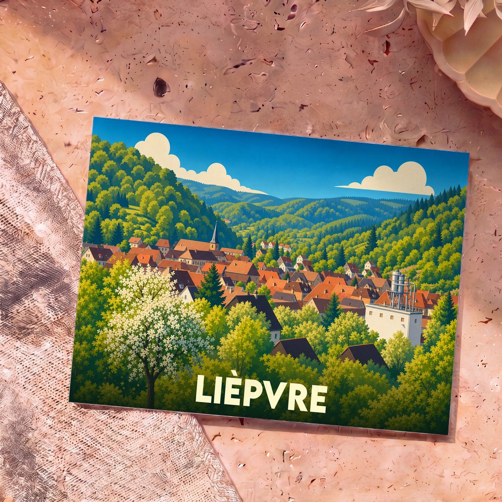 Carte postale souvenir de la ville de Lièpvre avec une illustration stylisée de ses paysages vallonnés.