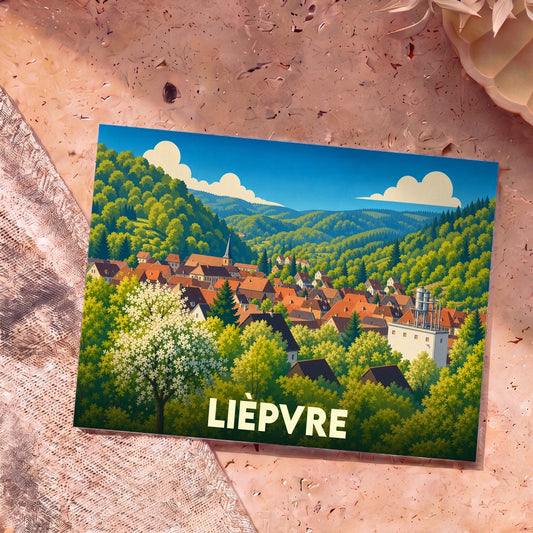 Carte postale souvenir de la ville de Lièpvre avec une illustration stylisée de ses paysages vallonnés.