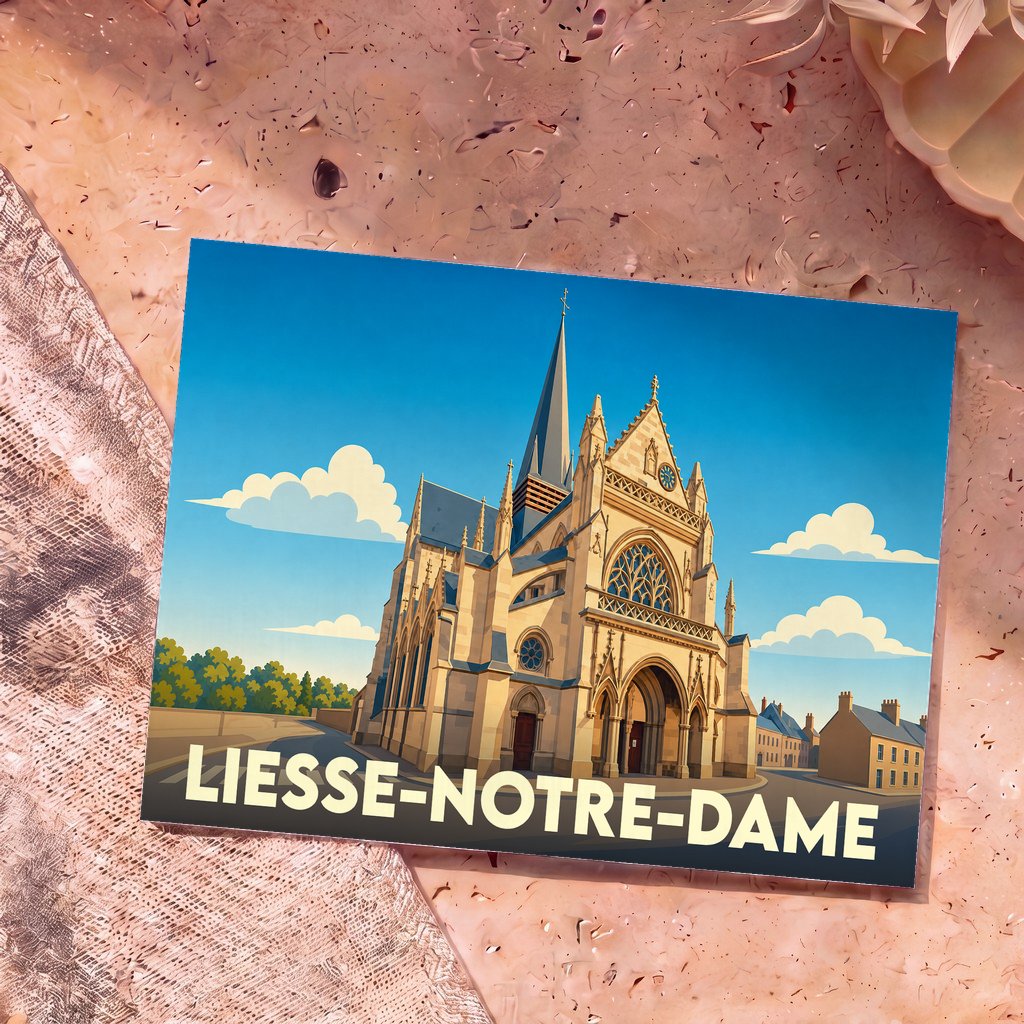 Carte postale souvenir de la ville de Liesse-Notre-Dame avec une illustration stylisée de sa basilique.