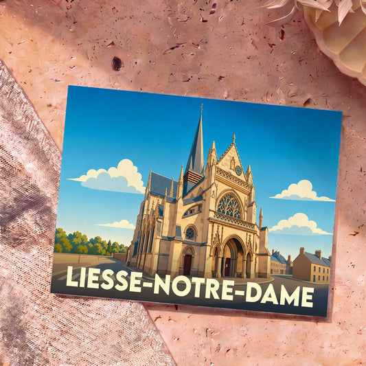 Carte postale souvenir de la ville de Liesse-Notre-Dame avec une illustration stylisée de sa basilique.