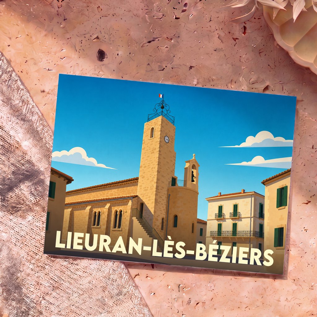 Carte postale souvenir de la ville de Lieuran-lès-Béziers avec une illustration stylisée de son église et de sa place.