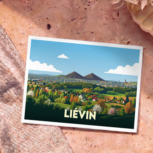 Carte postale souvenir de la ville de Liévin présentant une illustration stylisée de son paysage urbain et de ses terrils.