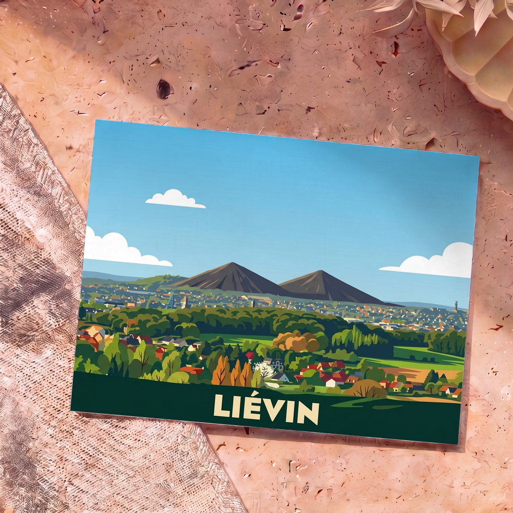 Carte postale souvenir de la ville de Liévin présentant une illustration stylisée de son paysage urbain et de ses terrils.