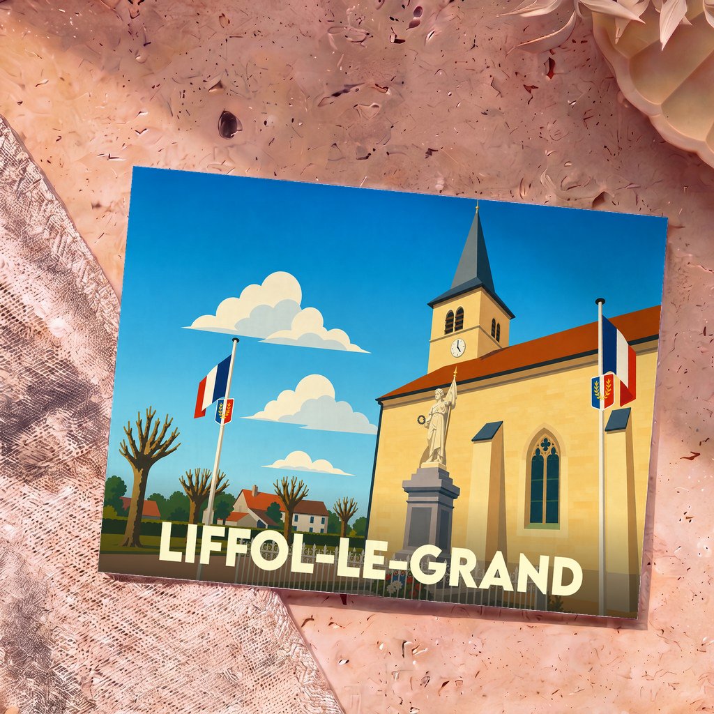 Carte postale souvenir de la ville de Liffol-le-Grand avec une illustration stylisée de son église et de son monument.