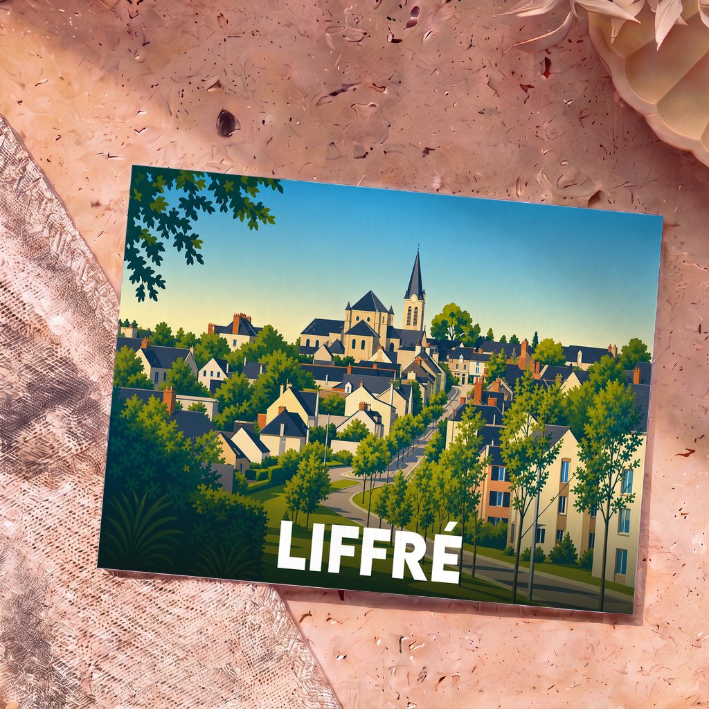 Carte postale souvenir de la ville de Liffré avec une illustration stylisée montrant l'église et les maisons.