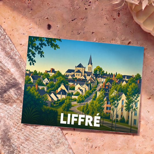 Carte postale souvenir de la ville de Liffré avec une illustration stylisée montrant l'église et les maisons.