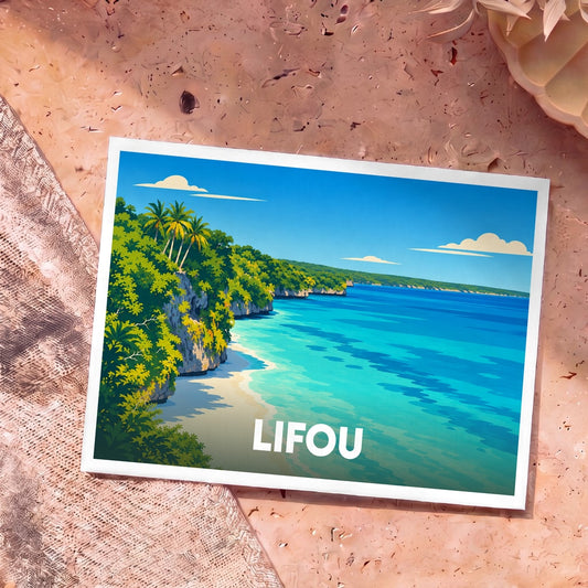 Carte postale souvenir de Lifou avec une illustration stylisée d'un littoral paradisiaque.