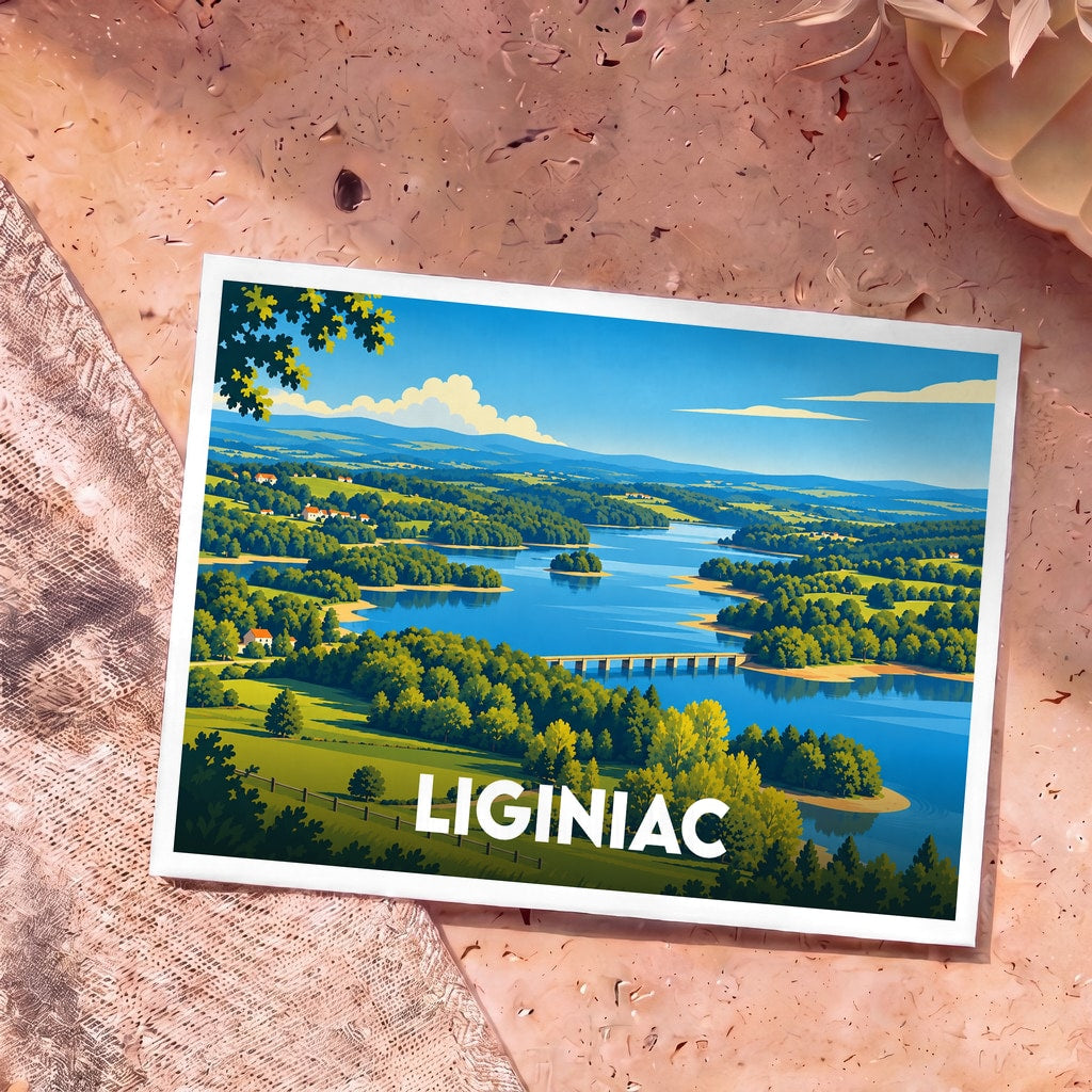Carte postale souvenir de la ville de Liginiac avec une illustration stylisée d'un lac et de collines verdoyantes.