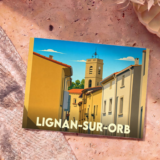 Carte postale souvenir de la ville de Lignan-sur-Orb avec une illustration stylisée.
