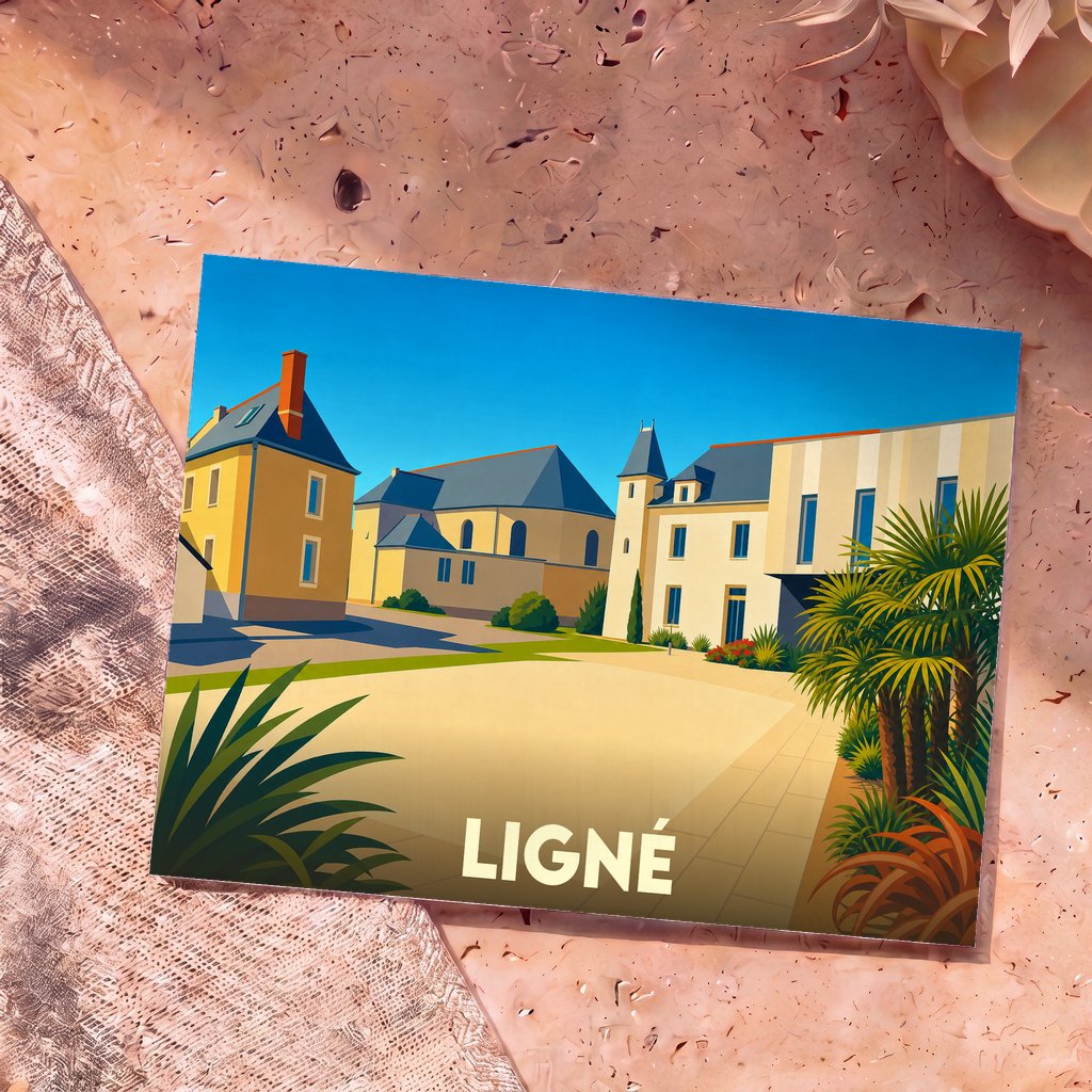 Carte postale souvenir de la ville de Ligné avec une illustration stylisée et colorée de son centre-bourg.