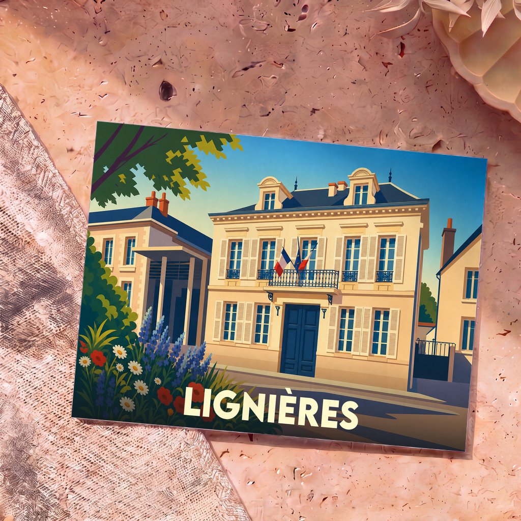 Carte postale souvenir de la ville de Lignières avec une illustration stylisée de sa mairie.