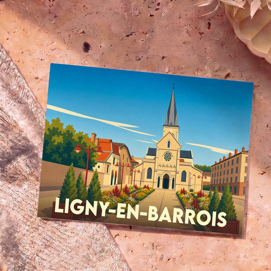 Carte postale souvenir de la ville de Ligny-en-Barrois avec une illustration stylisée de son église et de ses jardins.