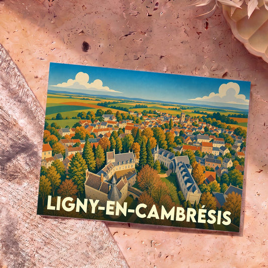 Carte postale souvenir de la ville de Ligny-en-Cambrésis avec une illustration stylisée et colorée de son paysage urbain.