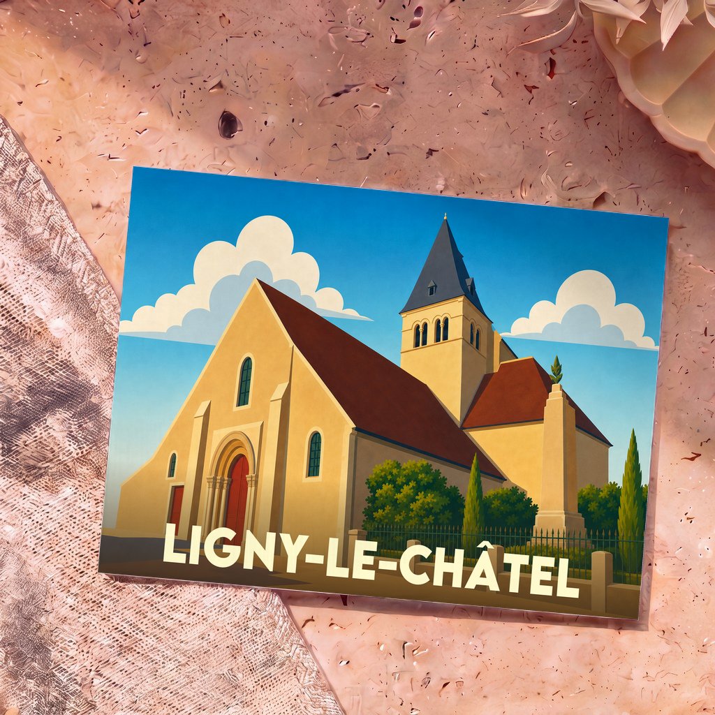 Carte postale souvenir de la ville de Ligny-le-Châtel avec une illustration stylisée de son église.