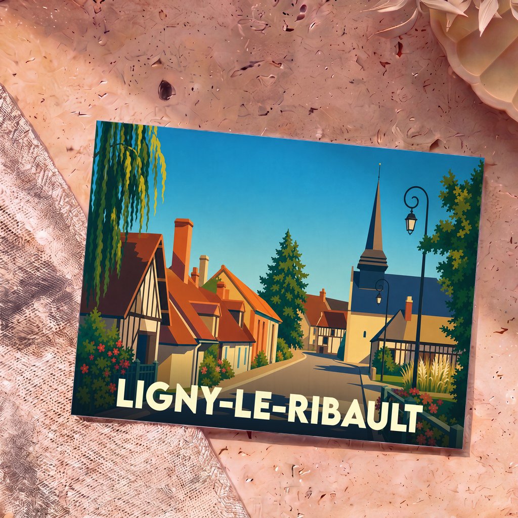 Carte postale souvenir de la ville de Ligny-le-Ribault avec une illustration stylisée.