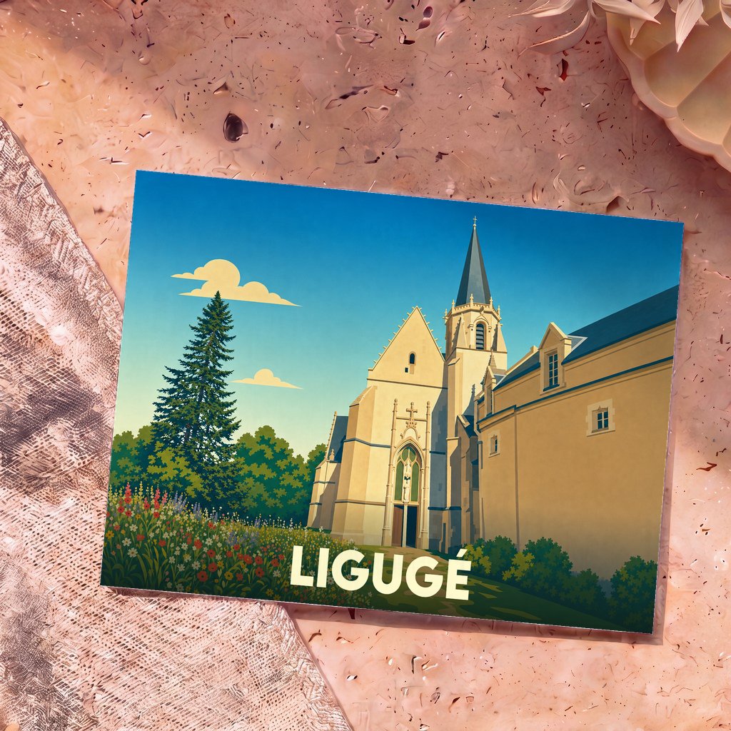 Carte postale souvenir de la ville de Ligugé avec une illustration stylisée de son abbaye et d'un jardin fleuri.