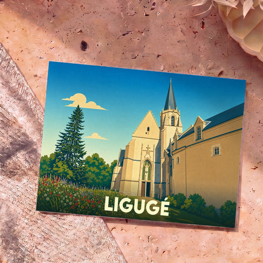Carte postale souvenir de la ville de Ligugé avec une illustration stylisée de son abbaye et d'un jardin fleuri.