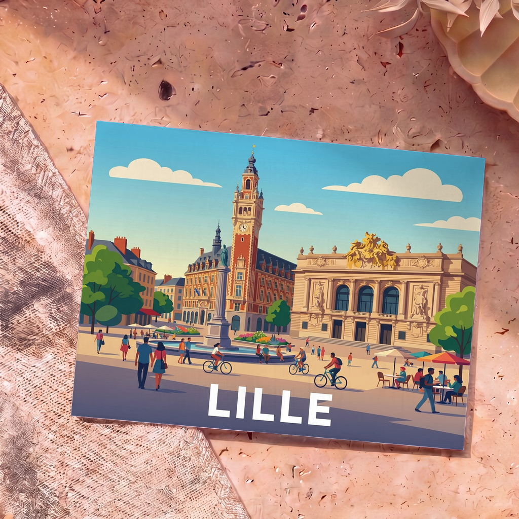 Carte postale souvenir de la ville de Lille avec une illustration stylisée de la Grand'Place et du beffroi.