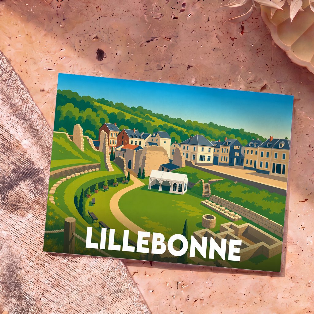 Carte postale souvenir de la ville de Lillebonne avec une illustration stylisée de son théâtre antique et de ses maisons.