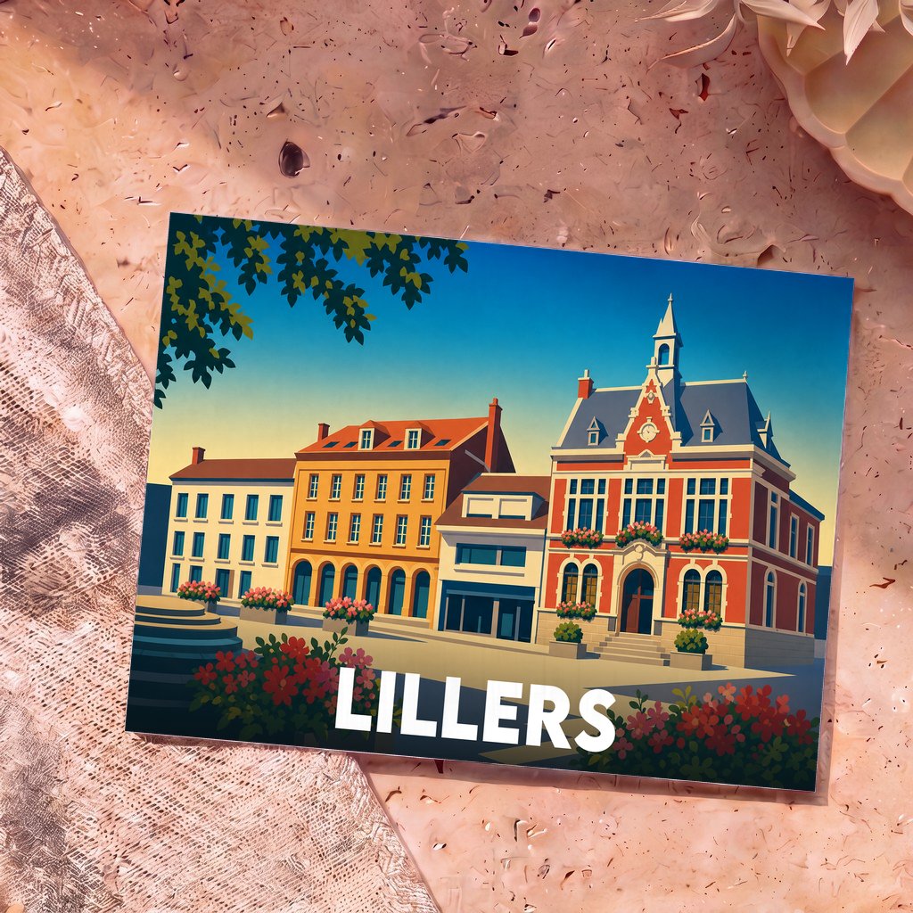Carte postale souvenir de la ville de Lillers avec une illustration stylisée de son architecture locale.