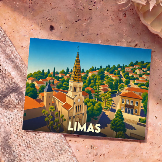 Carte postale souvenir de la ville de Limas avec une illustration stylisée de son église et de ses toits.