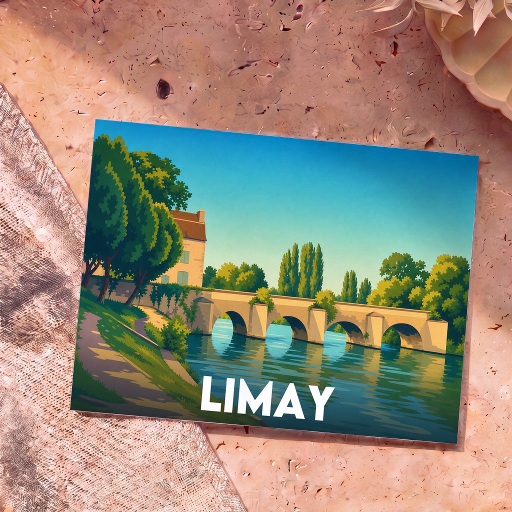 Carte postale souvenir de la ville de Limay illustrant son pont historique dans un style graphique épuré.