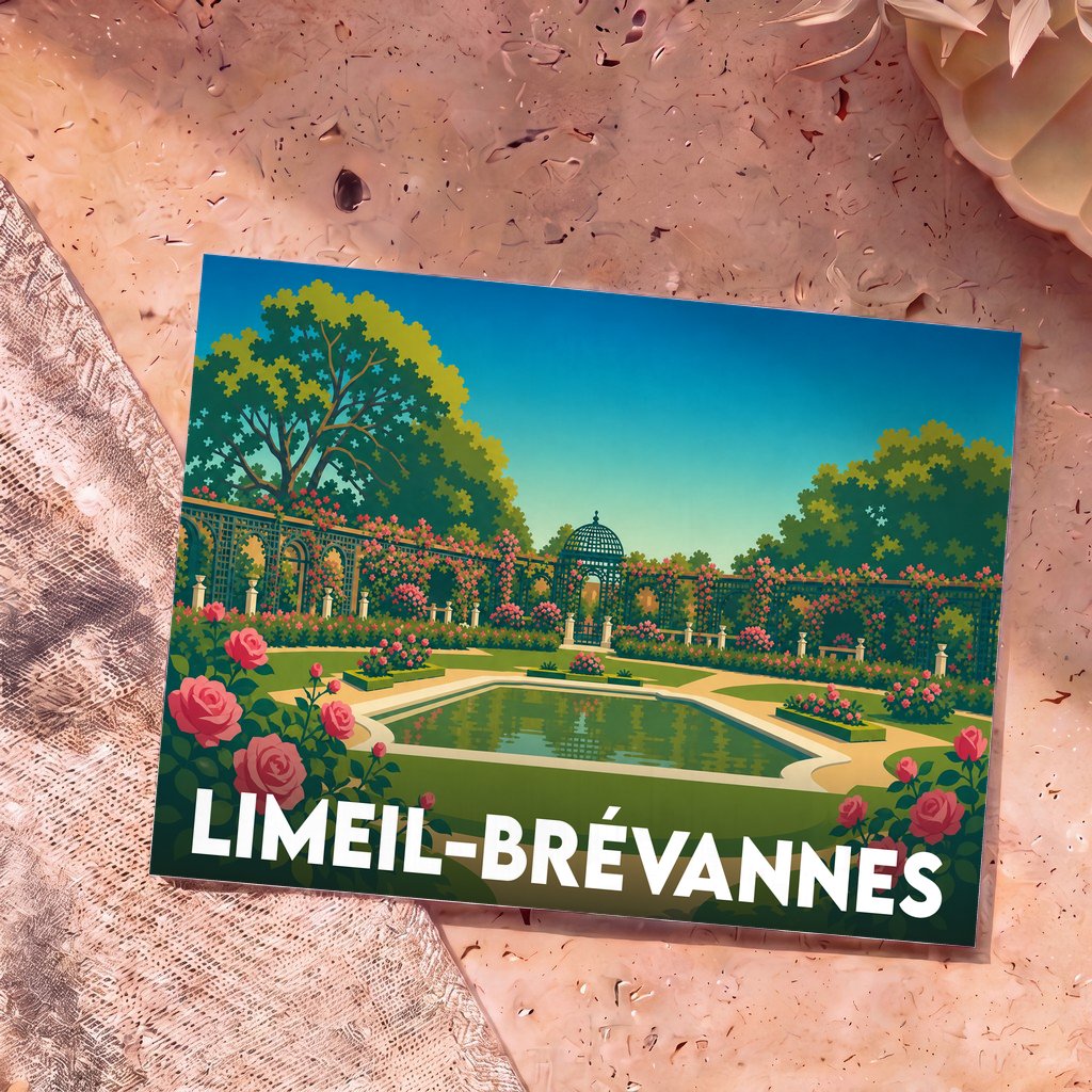 Carte postale souvenir de la ville de Limeil-Brévannes illustrant un jardin classique fleuri avec un bassin.