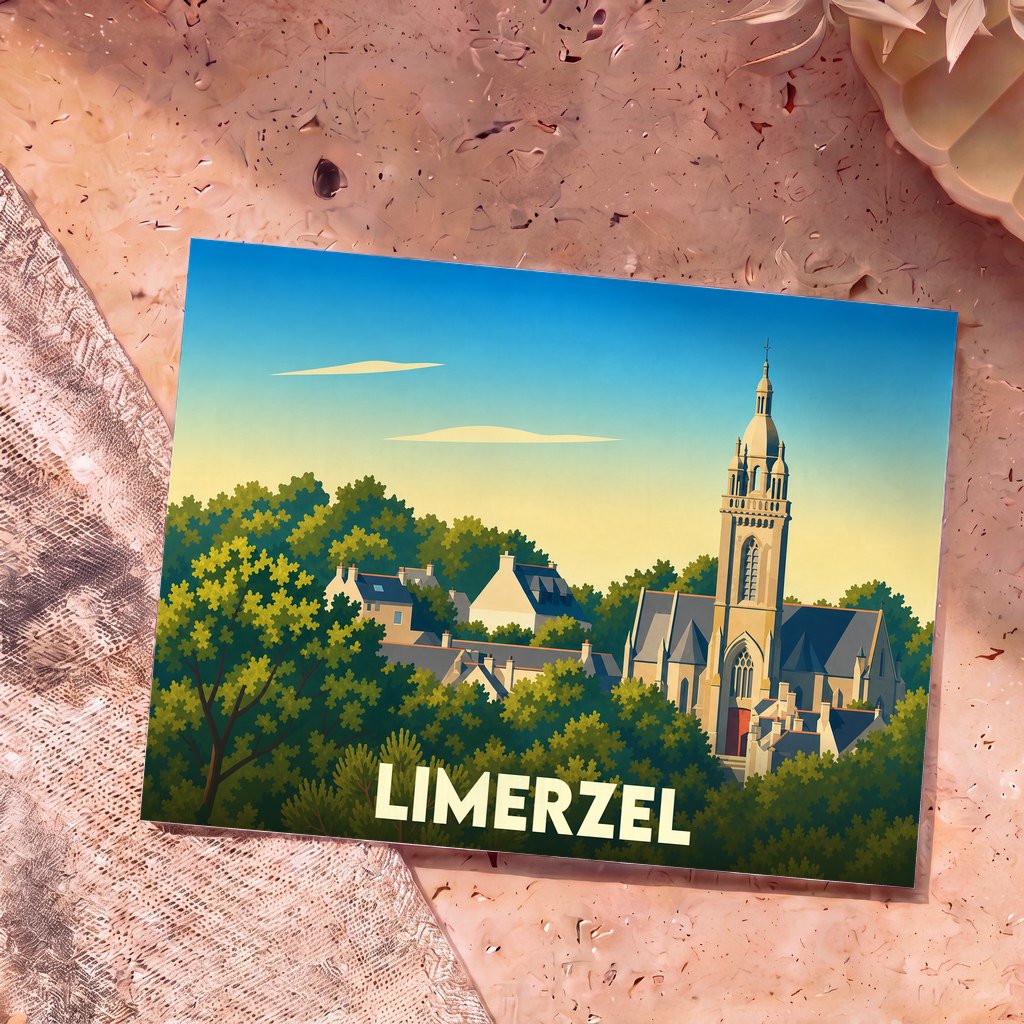 Carte postale souvenir de la ville de Limerzel illustrant son église et ses toitures émergeant d'une forêt verdoyante.