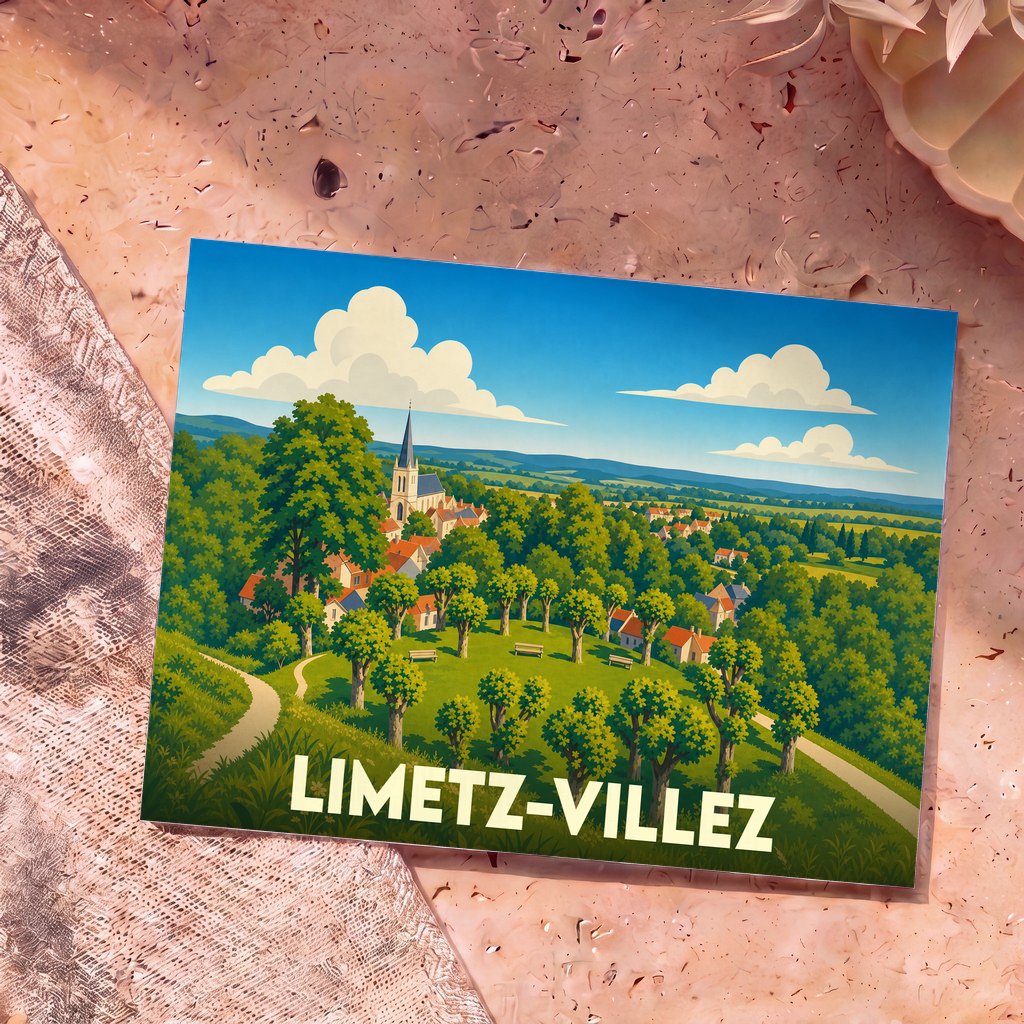 Carte postale souvenir de la ville de Limetz-Villez avec une illustration paysagère stylisée.
