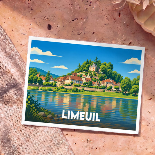 Carte postale souvenir de la ville de Limeuil présentant une illustration colorée et stylisée de son village au bord de l'eau.
