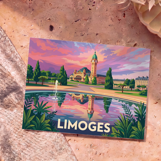 Carte postale souvenir de la ville de Limoges arborant une illustration stylisée de sa gare au bord de l'eau.