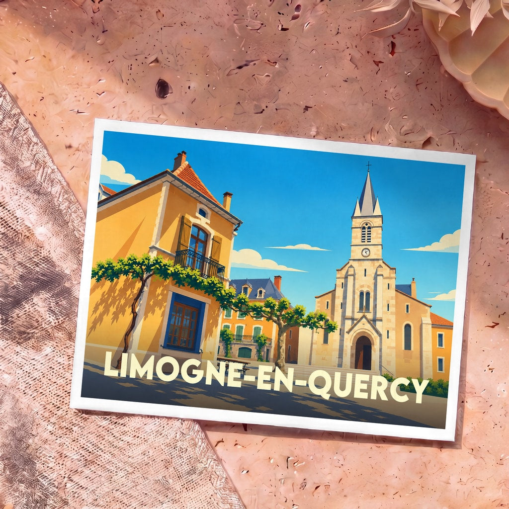 Carte postale souvenir de la ville de Limogne-en-Quercy avec une illustration stylisée de sa place et de son église.