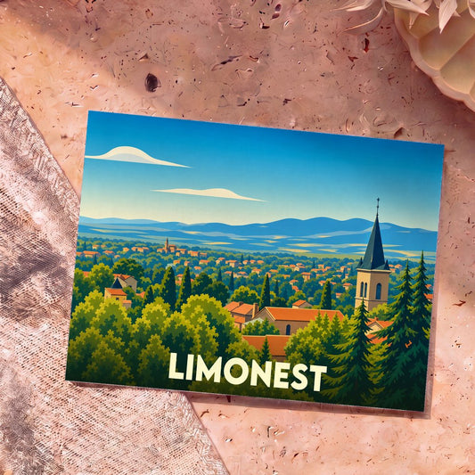 Carte postale souvenir de la ville de Limonest illustrée d'un paysage panoramique coloré et stylisé.