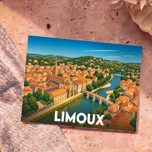 Carte postale souvenir de la ville de Limoux ornée d'une illustration stylisée de ses monuments et de sa rivière.