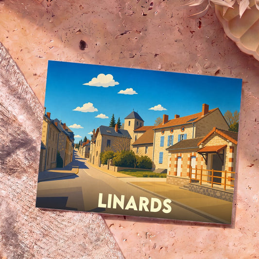 Carte postale souvenir de la ville de Linards avec une illustration stylisée d'une rue pittoresque.