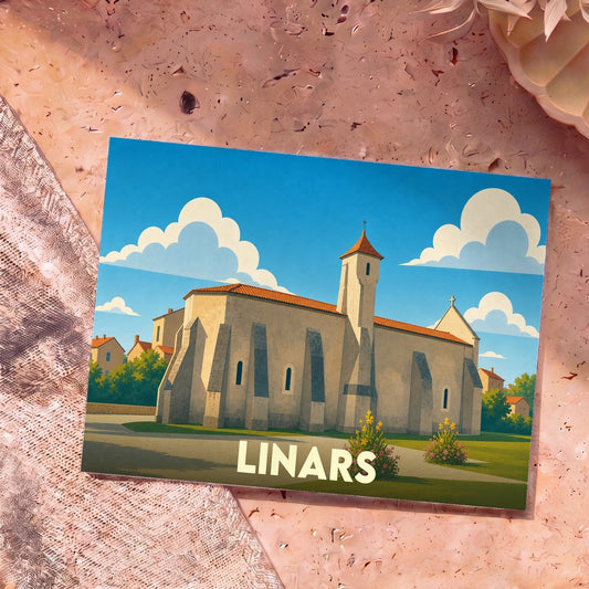 Carte postale souvenir de la ville de Linars avec une illustration stylisée de son église sous un ciel bleu.