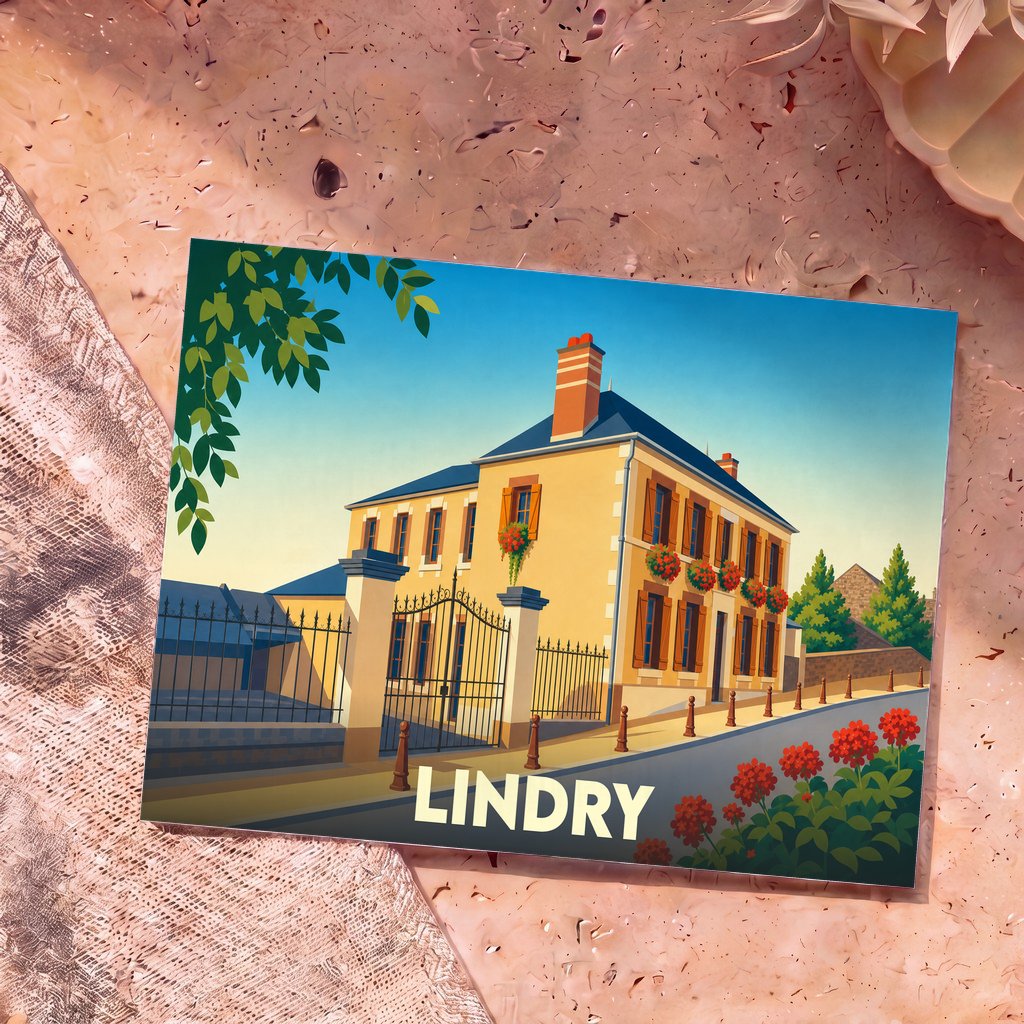 Carte postale souvenir de la ville de Lindry avec une illustration stylisée d'une maison traditionnelle.