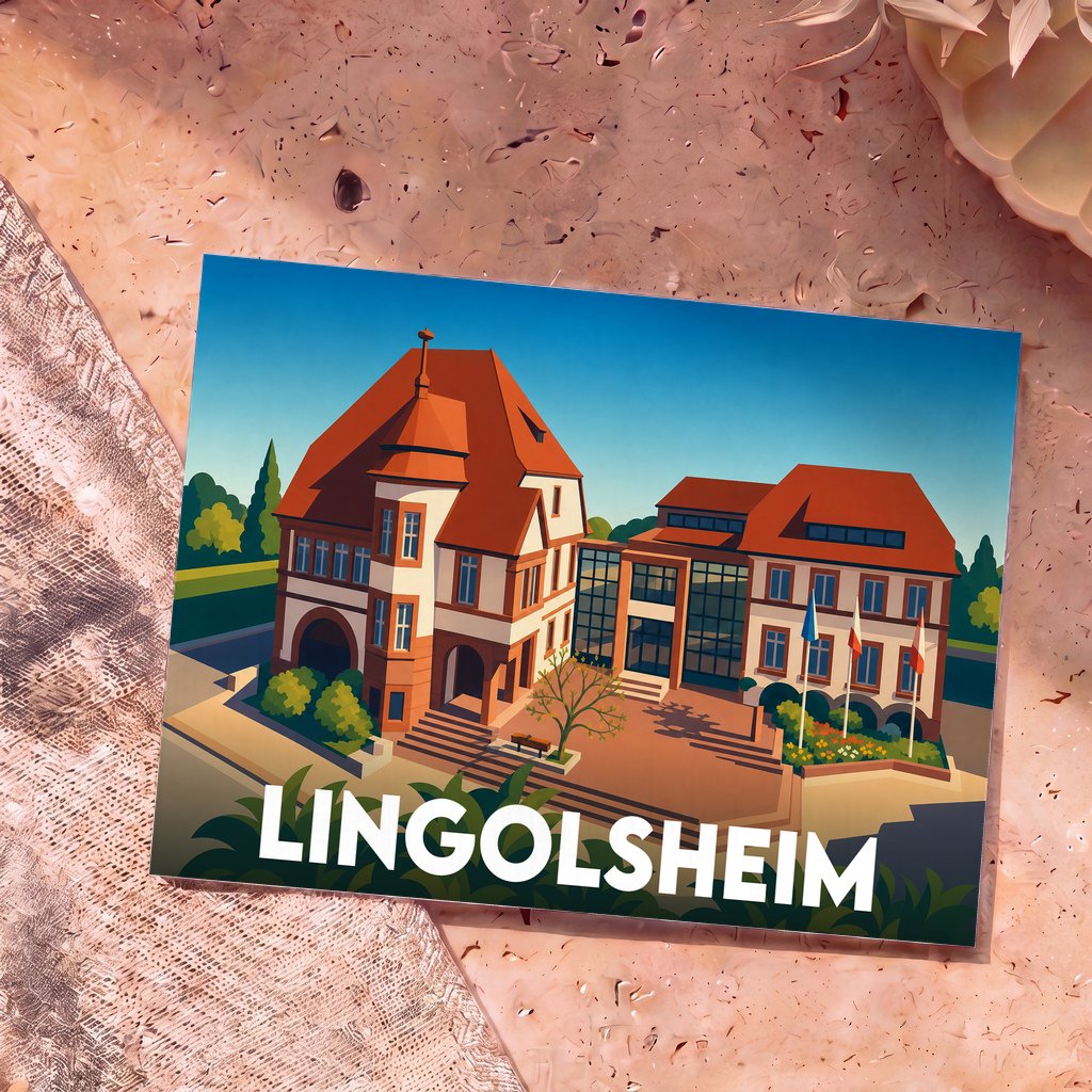 Carte postale souvenir de la ville de Lingolsheim avec une illustration stylisée de son hôtel de ville.