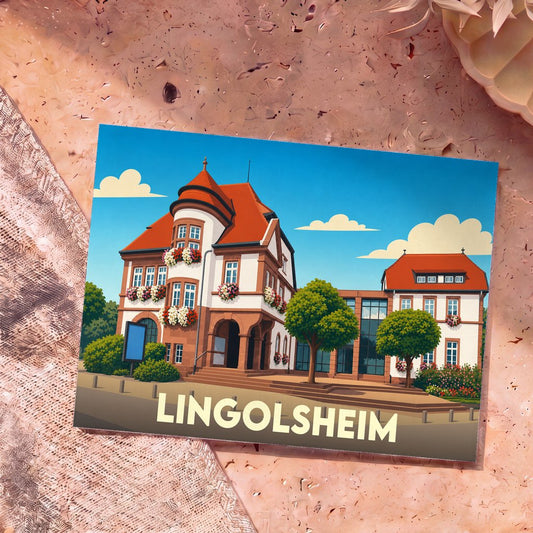 Carte postale souvenir de la ville de Lingolsheim illustrée d'un dessin coloré de la mairie.