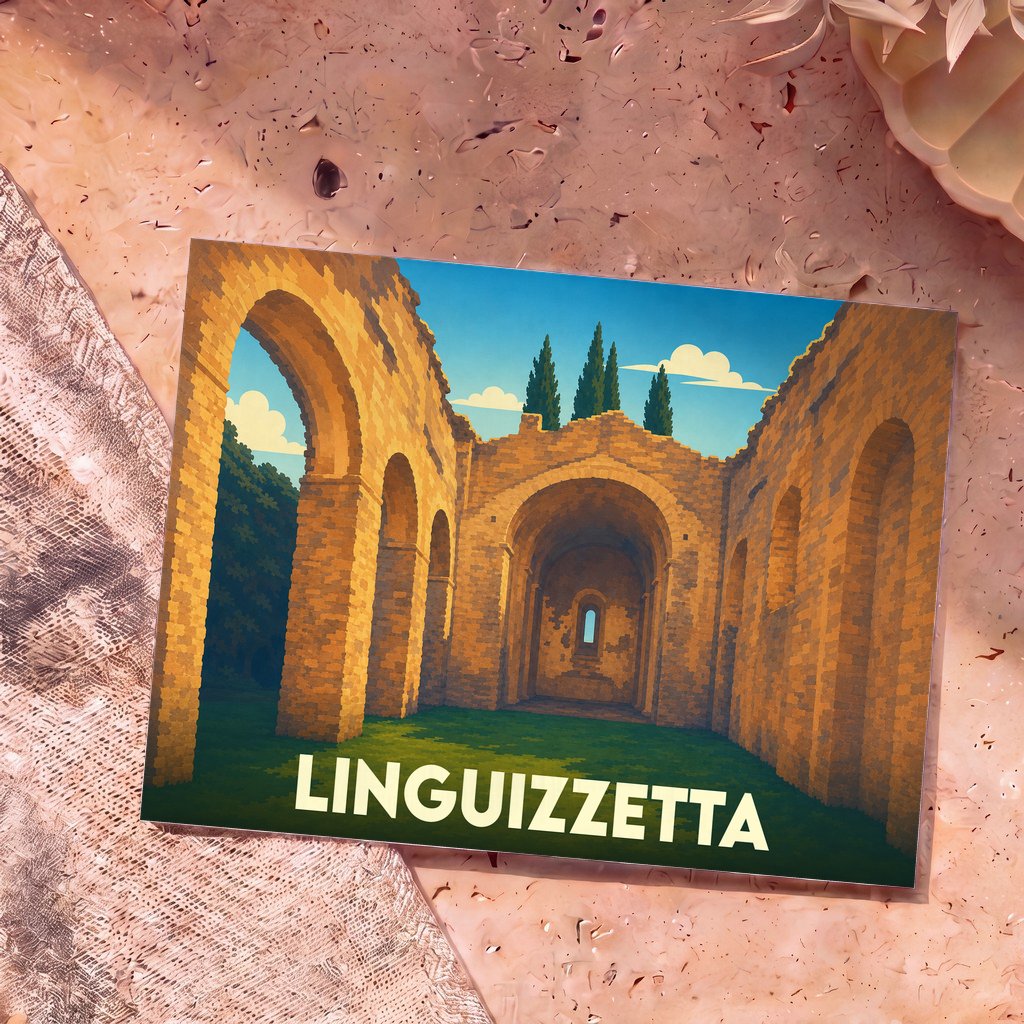 Carte postale souvenir de la ville de Linguizzetta illustrant des ruines anciennes sous un ciel azur.