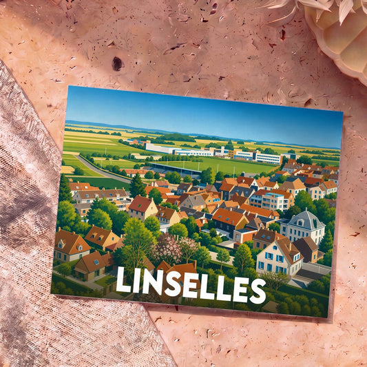 Carte postale souvenir de la ville de Linselles avec une illustration panoramique stylisée.