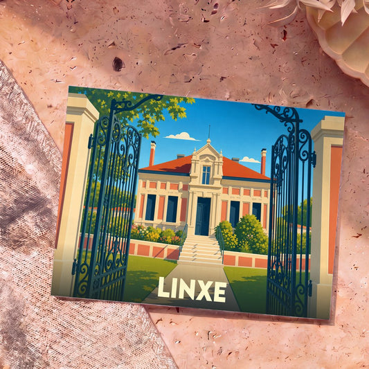 Carte postale souvenir de la ville de Linxe avec une illustration stylisée d'une demeure bourgeoise derrière une grille en fer forgé.