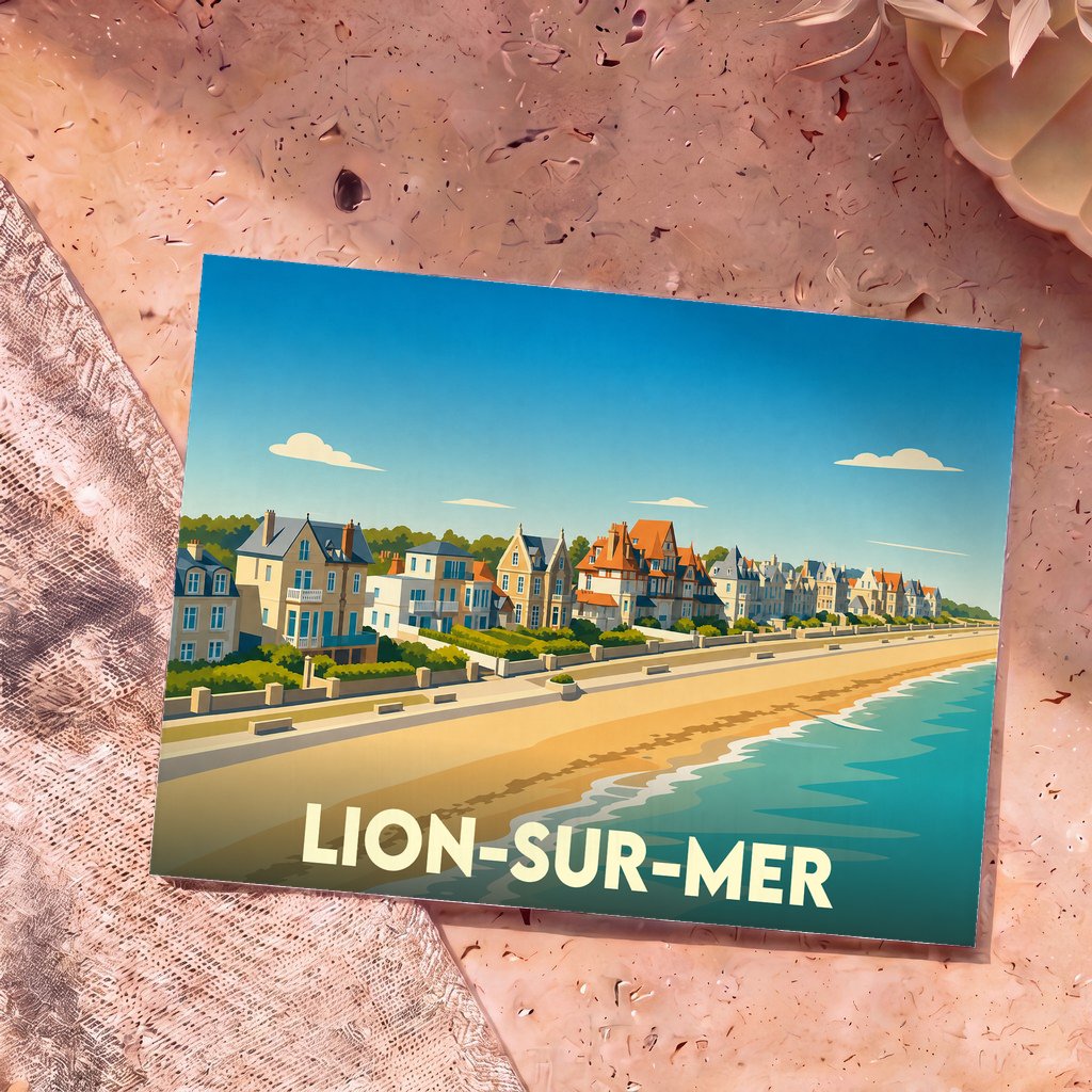 Carte postale souvenir de la ville de Lion-sur-Mer avec une illustration stylisée du front de mer.